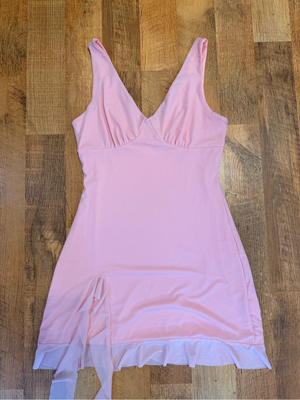 Light Pink V-Neck Slip Dress with Sheer Hem